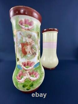 2 Antique Victorian art nouveau large white glass, hand painted vases c. 1890s