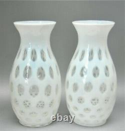 2 Antique Vintage Fenton White Opalescent Thumbprint Coin Dot Vase Lamp Base