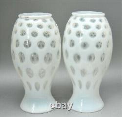 2 Antique Vintage Fenton White Opalescent Thumbprint Coin Dot Vase Lamp Base