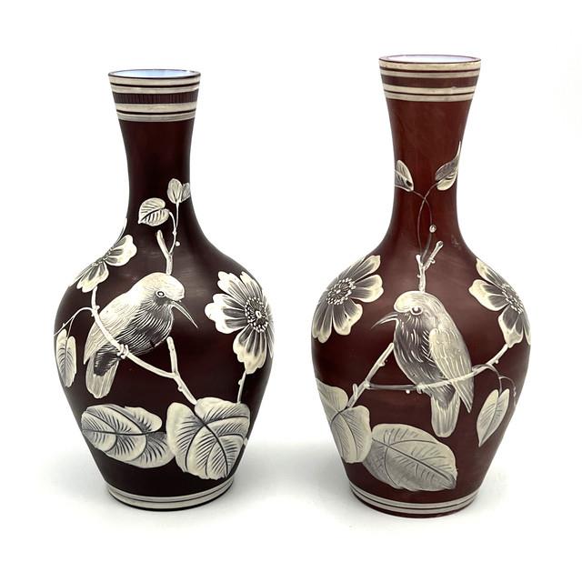 2 Bohemian Florentine Art Cameo Glass Red & White Bird 8 Vases C. 1900 Signed