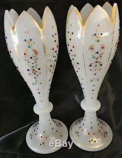 2 Bohemian Jeweled Opaline 14 5/8 Vases Made for Persian Market
