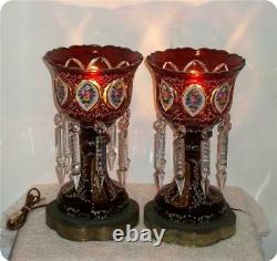 2 Germany Antique Bohemian Cranberry Glass Overlay Mantle Lusters Lustres