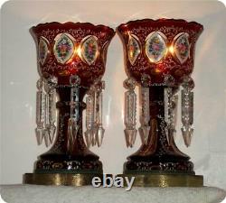 2 Germany Antique Bohemian Cranberry Glass Overlay Mantle Lusters Lustres