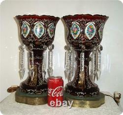 2 Germany Antique Bohemian Cranberry Glass Overlay Mantle Lusters Lustres