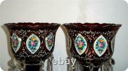 2 Germany Antique Bohemian Cranberry Glass Overlay Mantle Lusters Lustres