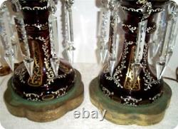 2 Germany Antique Bohemian Cranberry Glass Overlay Mantle Lusters Lustres