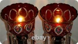 2 Germany Antique Bohemian Cranberry Glass Overlay Mantle Lusters Lustres