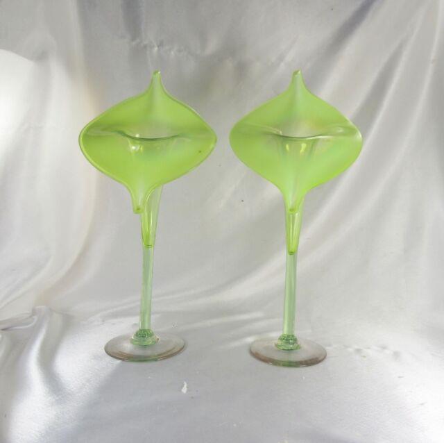 2 Htf 13 Jack In The Pulpit Canary Yellow Opalescent Vaseline Glass Vases 1890s