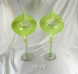 2 HTF 13 JACK IN THE PULPIT CANARY YELLOW OPALESCENT VASELINE GLASS VASES 1890s