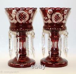 2 MANTLE LUSTERS Red Cut-Clear BOHEMIAN Glass Candle Lustre LAMP Prism VICTORIAN