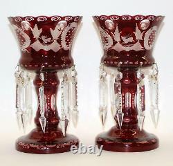 2 MANTLE LUSTERS Red Cut-Clear BOHEMIAN Glass Candle Lustre LAMP Prism VICTORIAN