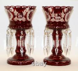 2 MANTLE LUSTERS Red Cut-Clear BOHEMIAN Glass Candle Lustre LAMP Prism VICTORIAN