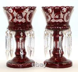 2 MANTLE LUSTERS Red Cut-Clear BOHEMIAN Glass Candle Lustre LAMP Prism VICTORIAN