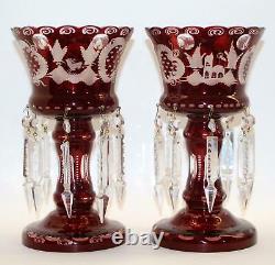 2 MANTLE LUSTERS Red Cut-Clear BOHEMIAN Glass Candle Lustre LAMP Prism VICTORIAN