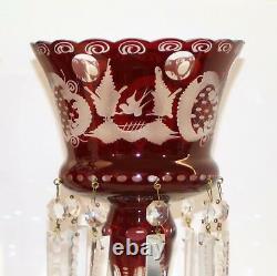 2 MANTLE LUSTERS Red Cut-Clear BOHEMIAN Glass Candle Lustre LAMP Prism VICTORIAN