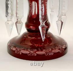 2 MANTLE LUSTERS Red Cut-Clear BOHEMIAN Glass Candle Lustre LAMP Prism VICTORIAN