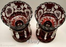 2 MANTLE LUSTERS Red Cut-Clear BOHEMIAN Glass Candle Lustre LAMP Prism VICTORIAN