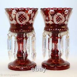 2 MANTLE LUSTERS Red Cut-Clear BOHEMIAN Glass Candle Lustre LAMP Prism VICTORIAN