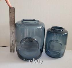 2 MCM ZWEISEL SCHOTT Glas Smokey Blue Cased Art Glass Vases #1872 German Vintage