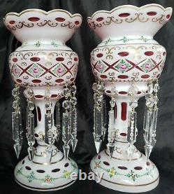 2 STUNNING BOHEMIAN CUT TO CRANBERRY CRYSTAL MANTLE LUSTERS WithPRISMS 13,5 WOW