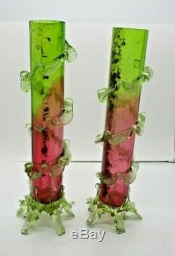 2 Stevens & Williams Uranium Cased Victorian Art Glass Vases Rubina Verde