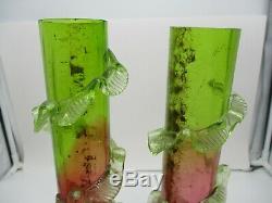 2 Stevens & Williams Uranium Cased Victorian Art Glass Vases Rubina Verde