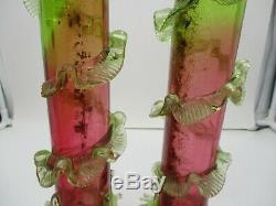 2 Stevens & Williams Uranium Cased Victorian Art Glass Vases Rubina Verde