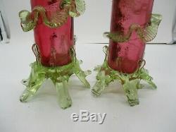 2 Stevens & Williams Uranium Cased Victorian Art Glass Vases Rubina Verde