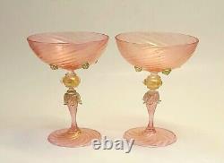 2 Venetian Salviati Goblets Pink Swirl Gold Fleck Glasses Stemware Champagnes