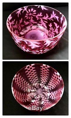 2 Victorian Art Glass Finger Bowls RED Cranberry Daisy Fern Lattice Crisscross