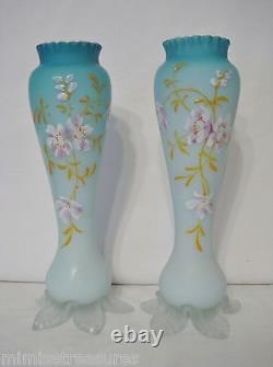 2 Victorian Era Blue Satin Cased Glass Vases Enamel Flowers England Petal Feet