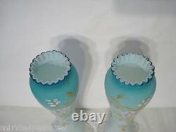 2 Victorian Era Blue Satin Cased Glass Vases Enamel Flowers England Petal Feet