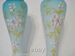 2 Victorian Era Blue Satin Cased Glass Vases Enamel Flowers England Petal Feet