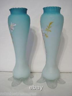 2 Victorian Era Blue Satin Cased Glass Vases Enamel Flowers England Petal Feet
