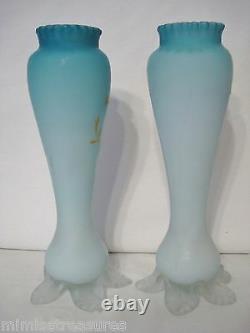 2 Victorian Era Blue Satin Cased Glass Vases Enamel Flowers England Petal Feet