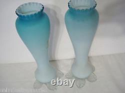 2 Victorian Era Blue Satin Cased Glass Vases Enamel Flowers England Petal Feet