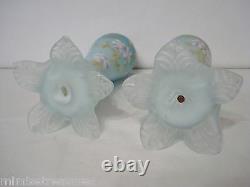 2 Victorian Era Blue Satin Cased Glass Vases Enamel Flowers England Petal Feet