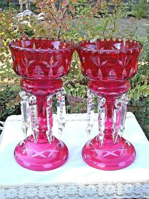 2 Victorian Mantle Lusters Cranberry/ Red Cut To Clear 16 Crystal Prisms 10.75