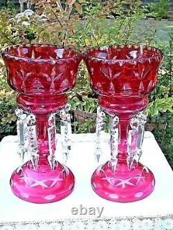 2 Victorian Mantle Lusters Cranberry/ Red Cut To Clear 16 Crystal Prisms 10.75