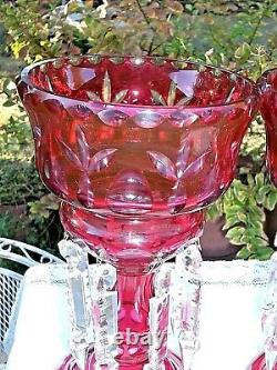 2 Victorian Mantle Lusters Cranberry/ Red Cut To Clear 16 Crystal Prisms 10.75