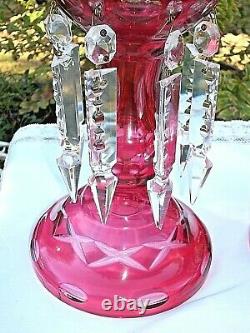 2 Victorian Mantle Lusters Cranberry/ Red Cut To Clear 16 Crystal Prisms 10.75