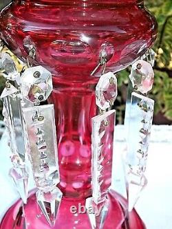 2 Victorian Mantle Lusters Cranberry/ Red Cut To Clear 16 Crystal Prisms 10.75