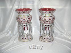 2 Victorian Mantle Lustres Moser Bohemian Art Glass White Overlay Cranberry NICE