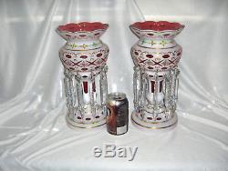 2 Victorian Mantle Lustres Moser Bohemian Art Glass White Overlay Cranberry NICE