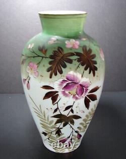 2 Victorian Opaline Bristol Glass Hand Painted Enamel Floral Decor Vases 10