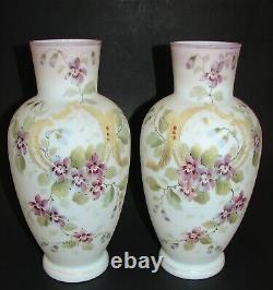 2 Victorian Opaline Bristol Glass Vases Handpainted Enamel Decor artist sign. 11