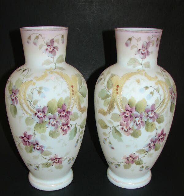 2 Victorian Opaline Bristol Glass Vases Handpainted Enamel Decor Artist Sign. 11