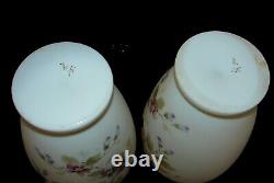 2 Victorian Opaline Bristol Glass Vases Handpainted Enamel Decor artist sign. 11