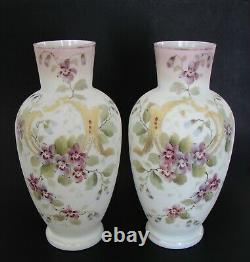 2 Victorian Opaline Bristol Glass Vases Handpainted Enamel Decor artist sign. 11