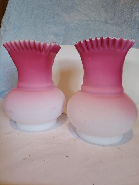 2 Victorian Peach Blow Satin Cased Glass Vases Square Ruffled Top